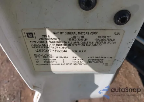 2001 Chevrolet Tahoe Lt from USA, damaged, VIN 1GNEC13T71J155544